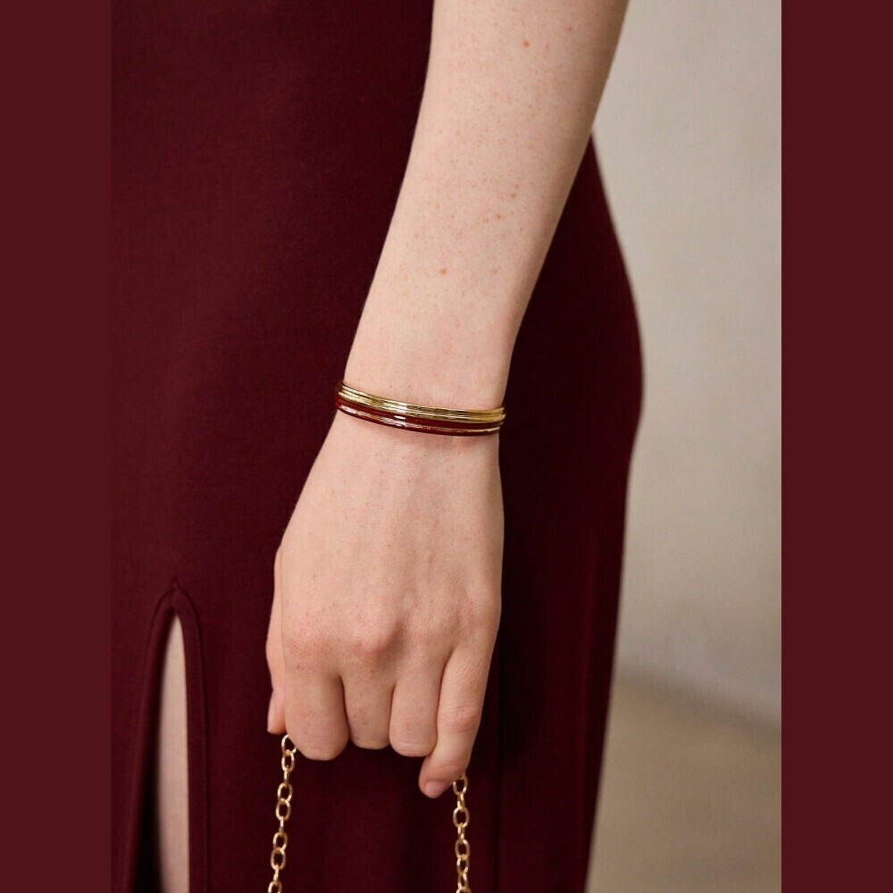 Gold Tone Red Enamel Striped Open Cuff Bangle Bracelet